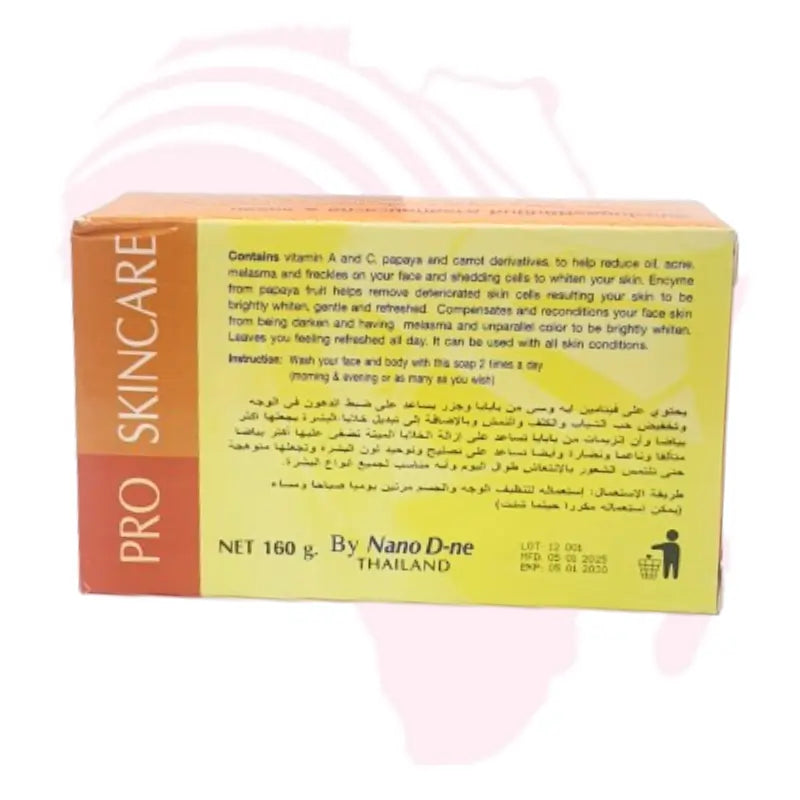 Pro Skincare Nano Extra White Natural Papaya & Carrot Soap with Glutathione – Melano Care Plus Formula (160g, Made in Thailand)