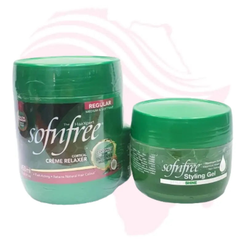 Sofn’Free Crème Relaxer with Aloe Vera (Super Coarse Hair, 450ml + 60ml Oil-Free Moisture) & Sofn’Free Style’n Shine Maximum Hold Gel – Hair Relaxer & Styling Gel Duo